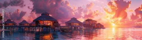 banner. Overwater bungalows at sunset over the ocean, palm trees in the background. exotic vacation and relaxation