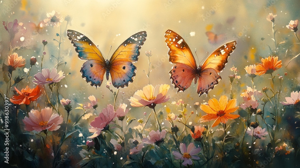 Butterflies and flowers in bloom - generative ai Butterflies and flowers in bloom - generative ai