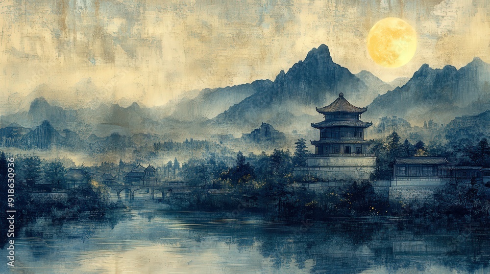 Fototapeta premium Music book for children with oriental writing, blue background, and dark, foreboding landscapes in gongbi style, documentary realism, dark gold and white tones, and poetic historical reimaginings