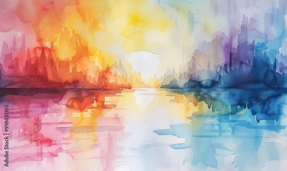 Fototapeta premium A painting of a river with a sunset in the background