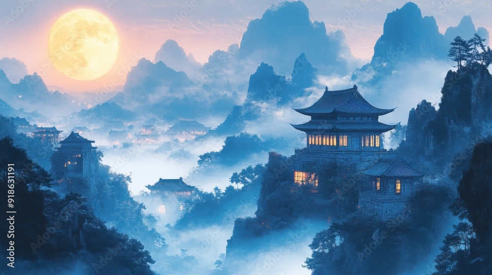 Music book for kids with oriental script, blue background, and dark, somber landscapes in gongbi style, enhanced by documentary realism, dark gold and white hues, and poetic descriptions of Music book for kids with oriental script, blue background, and dark, somber landscapes in gongbi style, enhanced by documentary realism, dark gold and white hues, and poetic descriptions of
