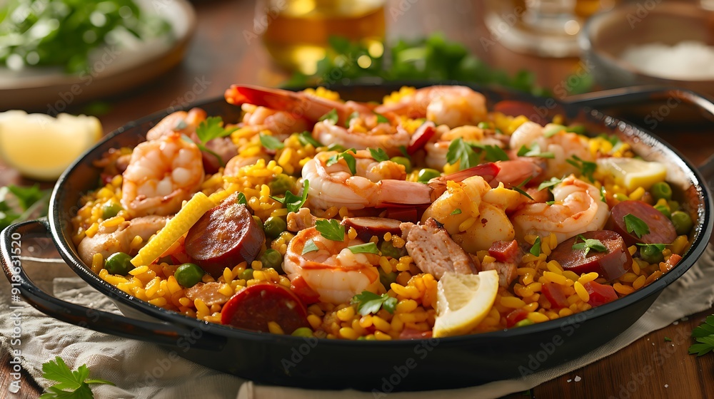 Savory paella with a mix of seafood, chicken, and chorizo, artistically garnished with parsley and lemon, served in a classic paella pan, highlighting the rich culinary heritage of Spain Savory paella with a mix of seafood, chicken, and chorizo, artistically garnished with parsley and lemon, served in a classic paella pan, highlighting the rich culinary heritage of Spain