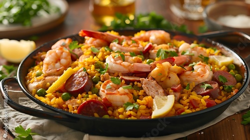 Savory paella with a mix of seafood, chicken, and chorizo, artistically garnished with parsley and lemon, served in a classic paella pan, highlighting the rich culinary heritage of Spain