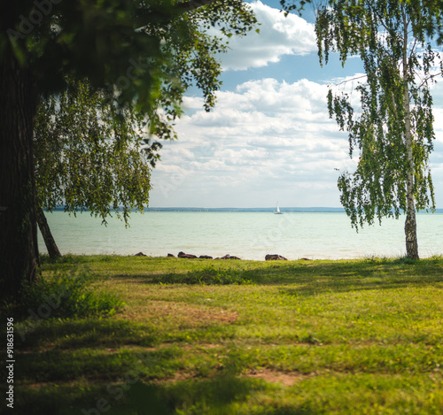 Sailboat on lake Balaton in summer with trees