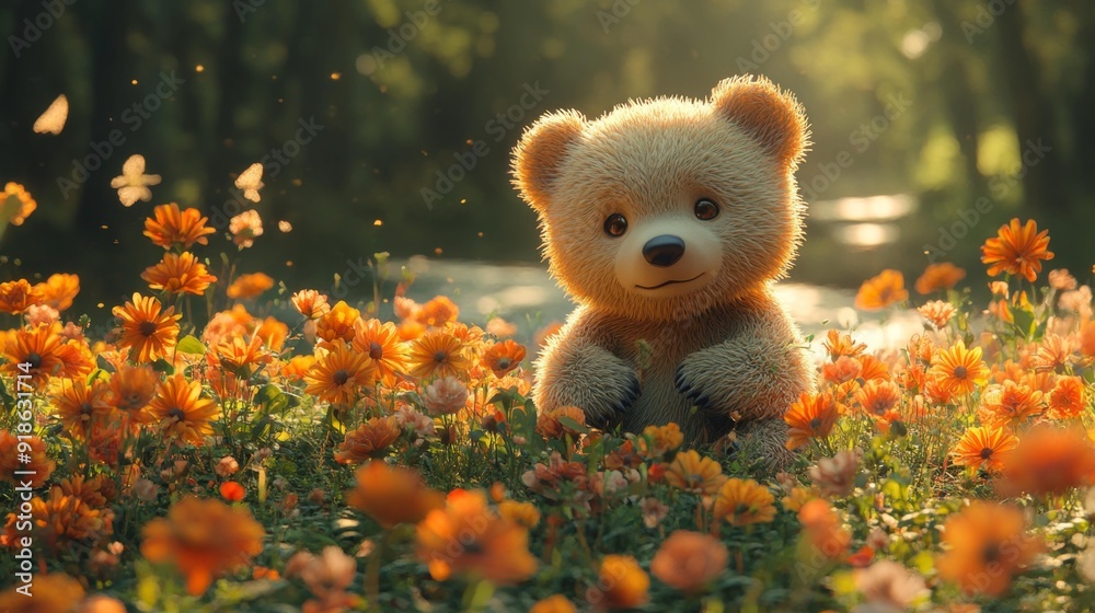 Cute bear in a field of orange flowers - generative ai Cute bear in a field of orange flowers - generative ai