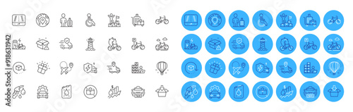 Car charging, Bicycle and Return package line icons pack. Air balloon, Delivery warning, Baggage cart web icon. Lighthouse, Taxi, Inventory pictogram. Get box, Gift, Delivery truck. Vector