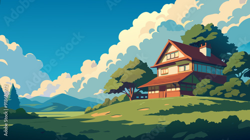 House in a Field with Tree Vector Illustration - Line Art SVG Design for Logos, Cricut & Silhouette Cut Files, Vector Clipart, Graphic Elements, T-Shirt Graphics