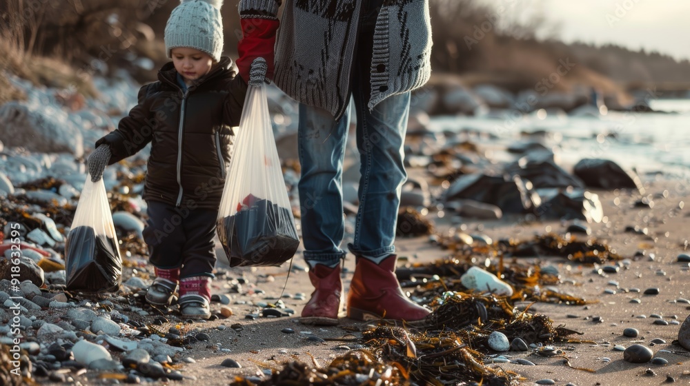 Fototapeta premium Environment, plastic bags, beach kids, Earth Day recycling and cleaning, reducing waste and assisting. Friends, volunteers, and kids with sustainability, climate change, or garbage pickup