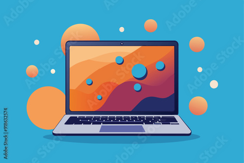 Open laptop mockup, vertical design for advertisement with colorful background and screen