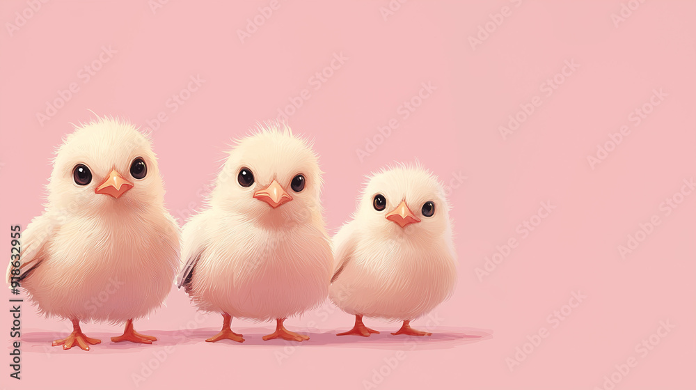 Three yellow little chickens standing side by side looking at camera. Pastel pink background with copy space. Minimal concept Three yellow little chickens standing side by side looking at camera. Pastel pink background with copy space. Minimal concept