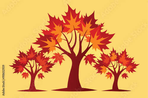 Three trees with vibrant autumn leaves set against a bright yellow background, showcasing the beauty of fall foliage.