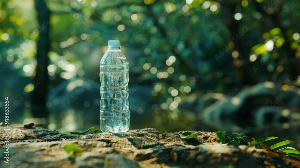A biodegradable plastic water bottle on a natural background, illustrating technology's role in reducing plastic waste and pollution. A biodegradable plastic water bottle on a natural background, illustrating technology's role in reducing plastic waste and pollution.