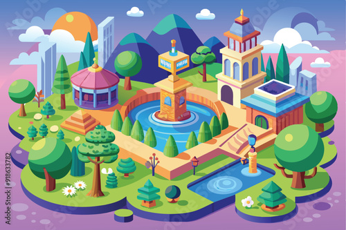 isolated metaverse carton green city with tree, swimming pool, cloud and building.
