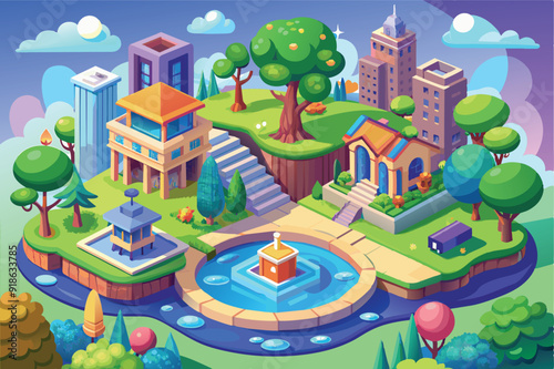 isolated metaverse carton green city with tree, swimming pool and building.