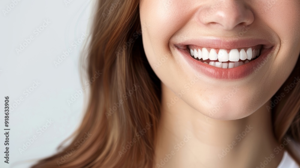 Obraz premium Skincare, dermatology, and grooming on a white studio background. Zoom, female model with grin, lips, silky skin, radiance, shine, and dental care and