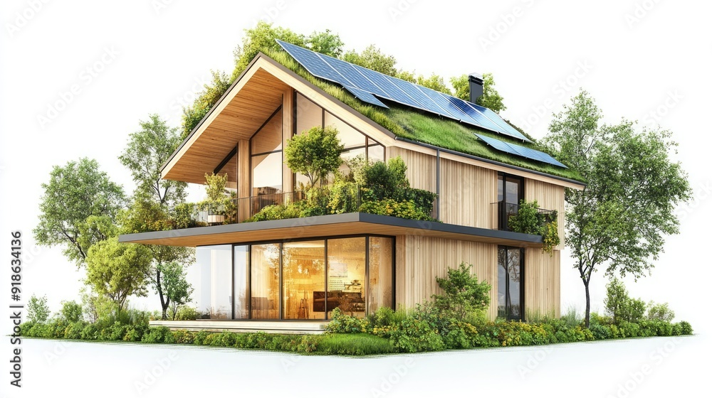 Sustainable Modern Home with Green Roof and Solar Panels Sustainable Modern Home with Green Roof and Solar Panels