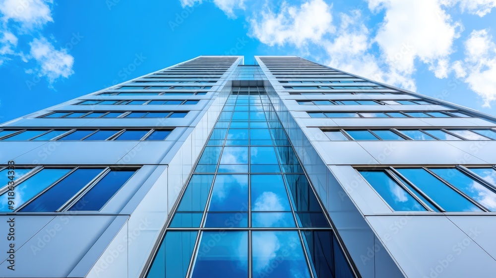 Modern Glass Skyscraper Against a Blue Sky with White Clouds