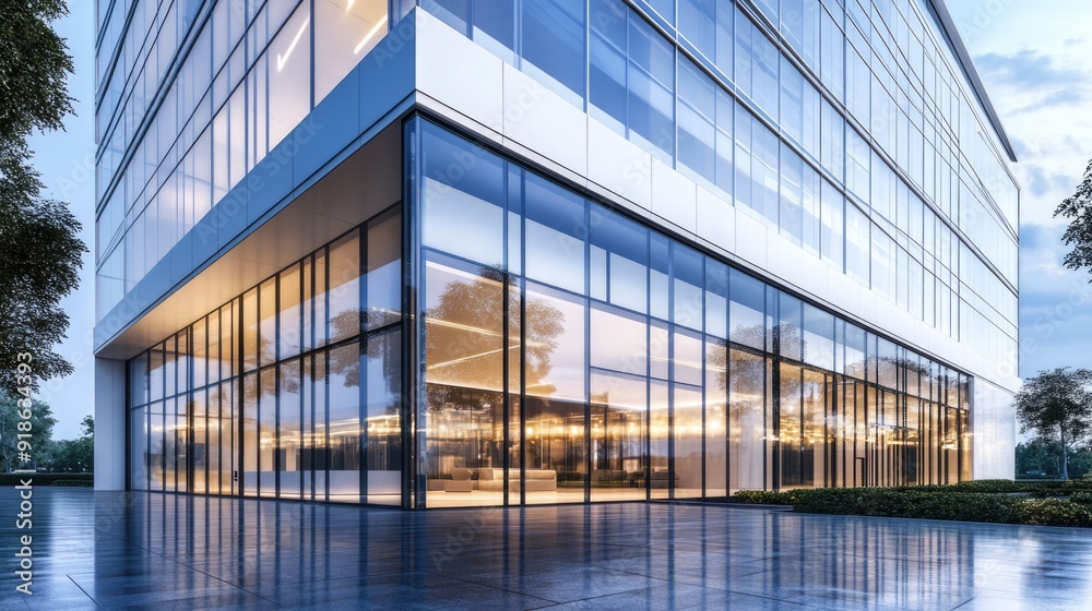 Modern Glass Office Building with Wet Pavement Reflection Modern Glass Office Building with Wet Pavement Reflection