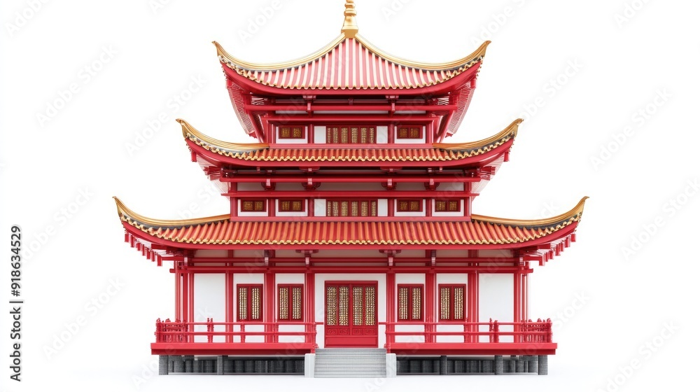 A Traditional Chinese Pagoda with Red Walls and Golden Accents A Traditional Chinese Pagoda with Red Walls and Golden Accents
