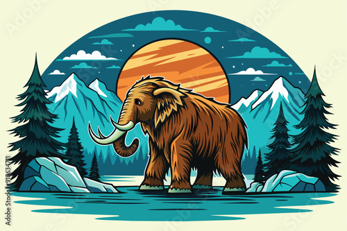 A mammoth stands majestically in the mountains, with a towering peak visible in the background, showcasing a stunning landscape.