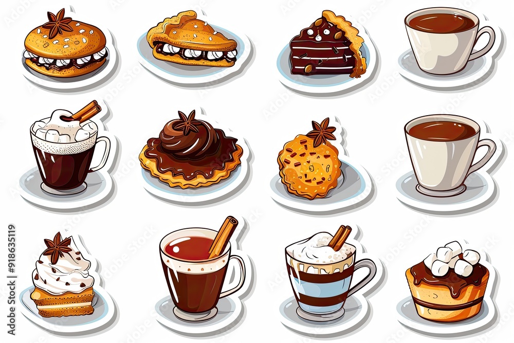 A cozy collection of hot chocolate and desserts stickers featuring marshmallows, cookies, and spices on a white background A cozy collection of hot chocolate and desserts stickers featuring marshmallows, cookies, and spices on a white background