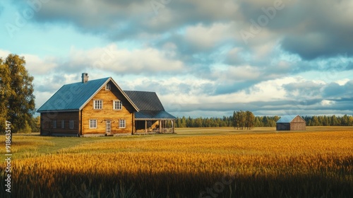 A Rustic Wooden House in a Golden Field Under a Cloudy Sky