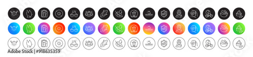Bike timer, Corn and Night cream line icons. Round icon gradient buttons. Pack of Salad, No sun, Medical tablet icon. Recovered person, Cardio training, Uv protection pictogram. Vector