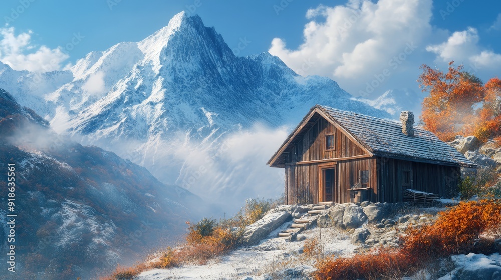 A Cozy Cabin Nestled in a Snowy Mountain Valley A Cozy Cabin Nestled in a Snowy Mountain Valley