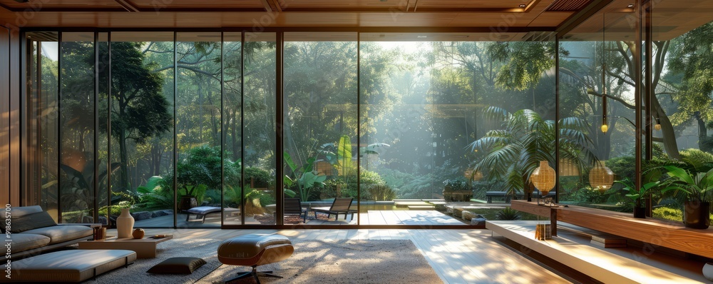 Fototapeta premium Glass house with an uninterrupted view of the forest.