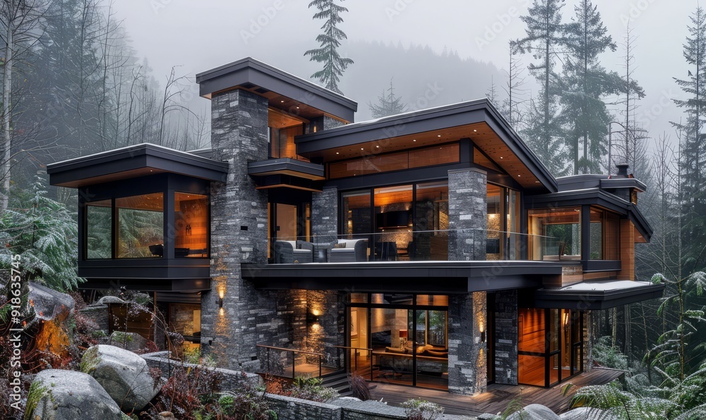 Contemporary mountain retreat with large windows. Contemporary mountain retreat with large windows.