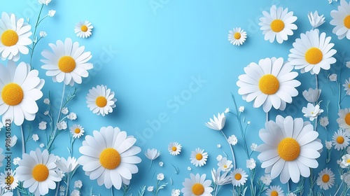 Daisy pattern Flat lay spring and summer chamomile flowers on a blue background Repetition concept Top view. Creative banner. Copyspace image
 photo