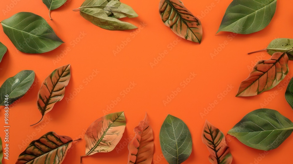 Green and brown leaves in a circular pattern on a bright orange background. Green and brown leaves in a circular pattern on a bright orange background.