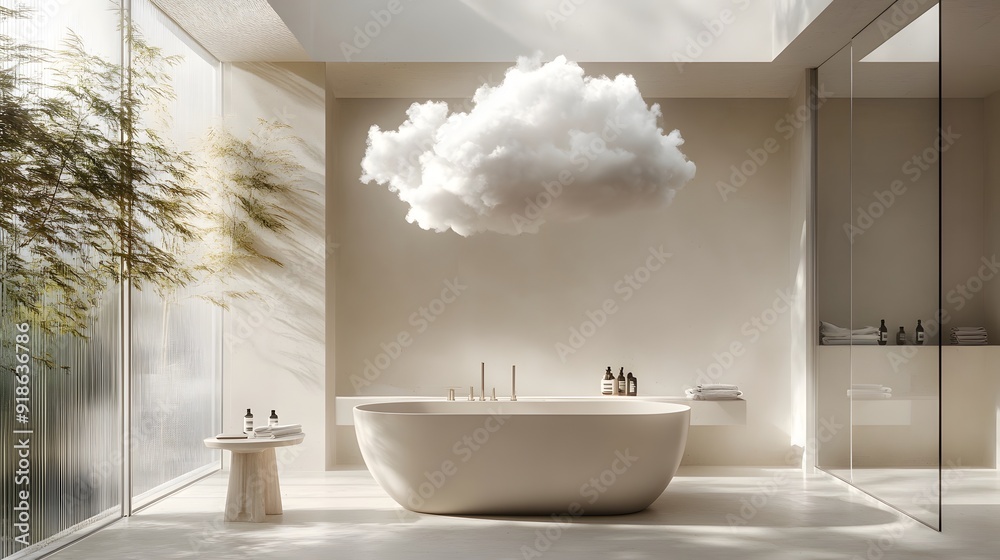 Modern bathroom with floating cloud installation above a freestanding bathtub Modern bathroom with floating cloud installation above a freestanding bathtub