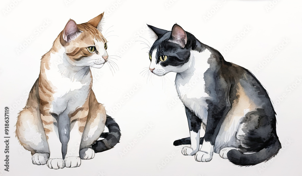 two sitting cats on white background, watercolor drawing