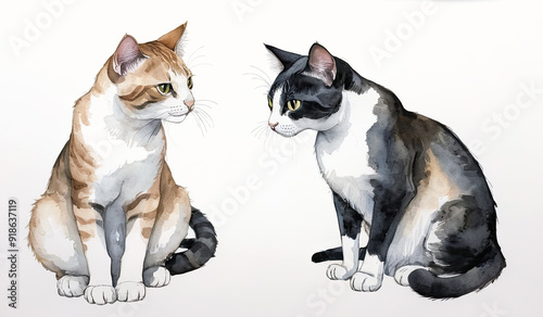 Obraz na płótnie two sitting cats on white background, watercolor drawing w salonie