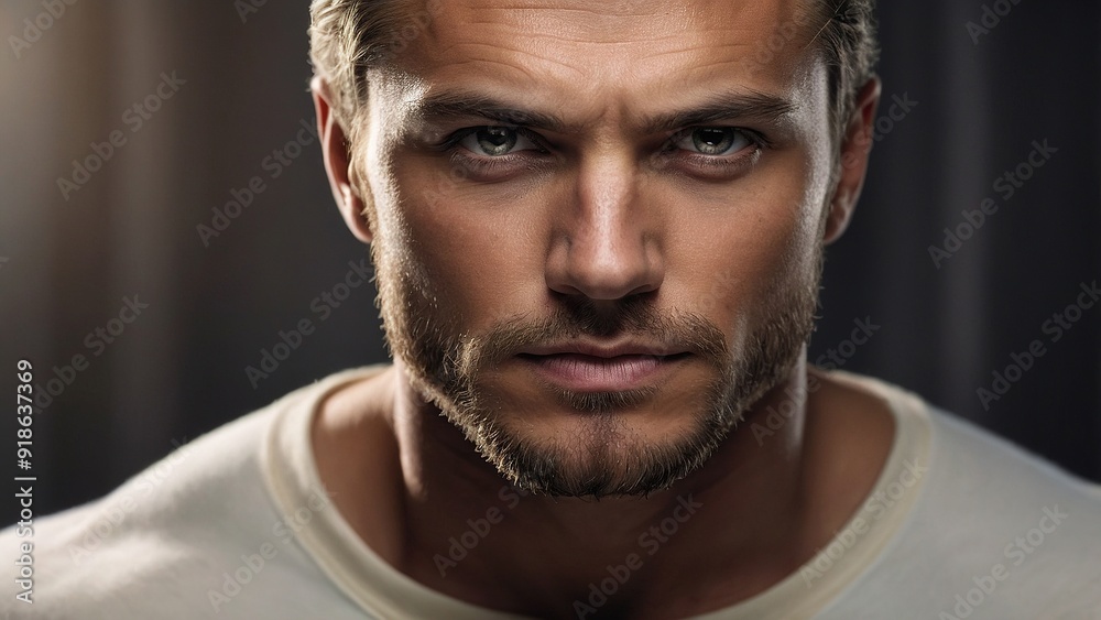 Obraz premium Close-up of a serious man with stubble and intense eyes in a softly lit room during the evening