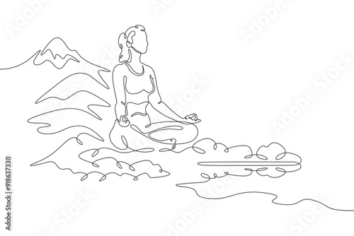 Meditating woman by the lake shore. Sea mountain landscape. Relaxation in nature. Yoga.One continuous line. Line art. Minimum one line. White background. One line drawing.