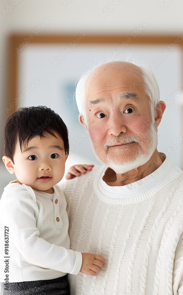 Surprised Grandfather Holding Adorable Toddler Grandson in Cozy Home Setting