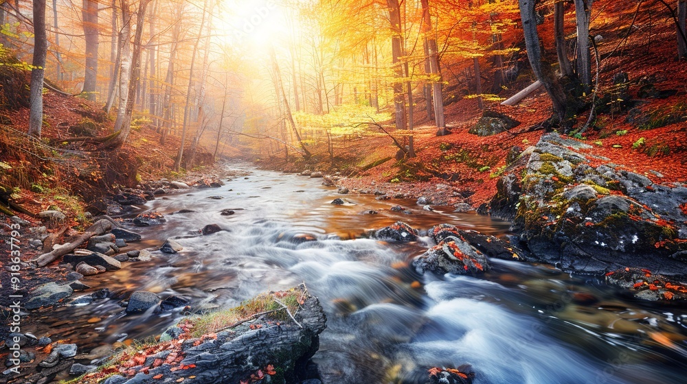 A serene autumn landscape with a flowing river surrounded by golden trees at sunrise A serene autumn landscape with a flowing river surrounded by golden trees at sunrise