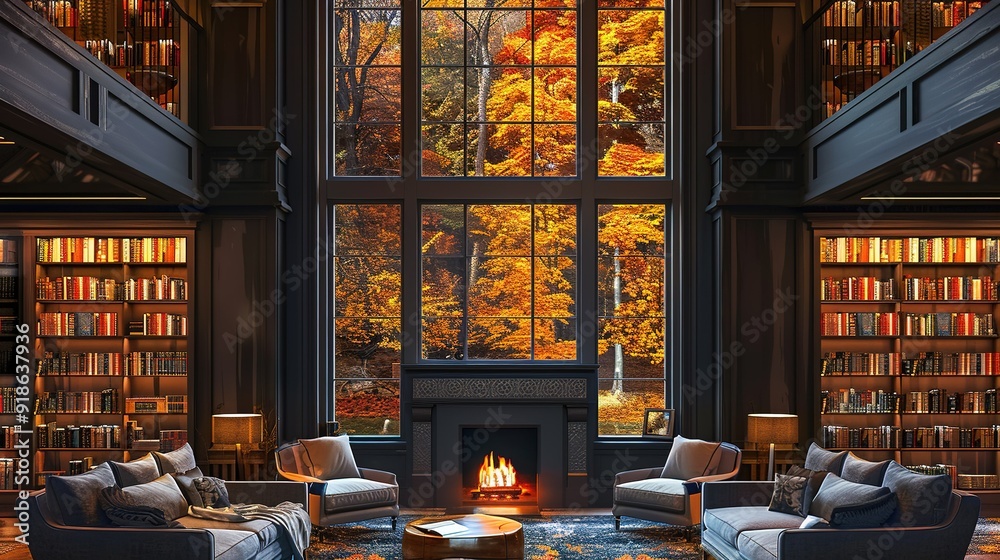 Cozy reading nook in a spacious library with large windows overlooking autumn foliage and a warm fireplace Cozy reading nook in a spacious library with large windows overlooking autumn foliage and a warm fireplace