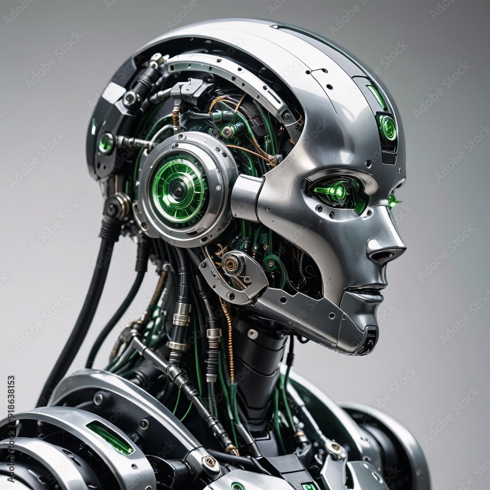 Futuristic Cybernetic Being Black Helmet with Green Accents Futuristic Cybernetic Being Black Helmet with Green Accents
