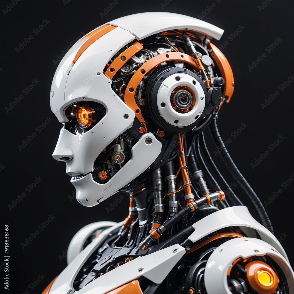 Fototapeta premium Futuristic Humanoid Robot Portrait with Black and Orange Mechanical Components