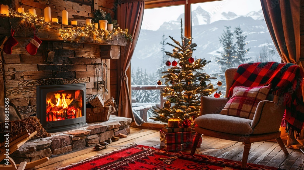 Cozy winter cabin with a decorated Christmas tree and a warm fireplace in the mountains