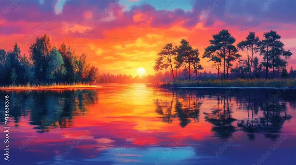 Gorgeous lakeside scenery during a vibrant sunset. Water reflections from trees Gorgeous lakeside scenery during a vibrant sunset. Water reflections from trees