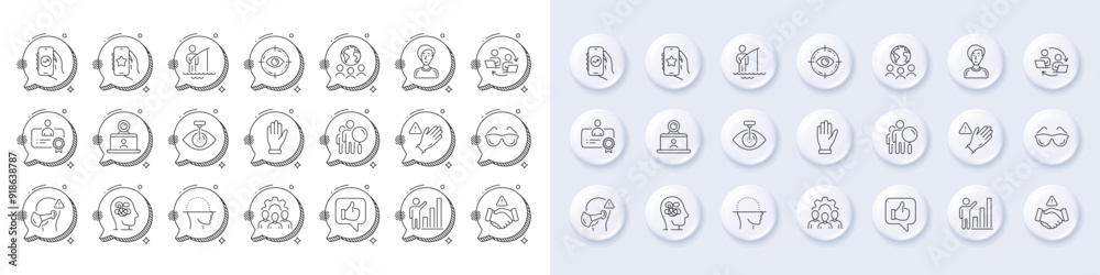 Global business, Like and Financial app line icons. White pin 3d buttons, chat bubbles icons. Pack of Fisherman, Hand, Eyeglasses icon. Businesswoman person, Team work, Medical mask pictogram. Vector Global business, Like and Financial app line icons. White pin 3d buttons, chat bubbles icons. Pack of Fisherman, Hand, Eyeglasses icon. Businesswoman person, Team work, Medical mask pictogram. Vector