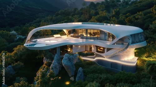 Wallpaper Mural Modern architectural marvel surrounded by lush greenery at dusk Torontodigital.ca