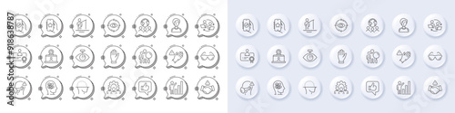 Global business, Like and Financial app line icons. White pin 3d buttons, chat bubbles icons. Pack of Fisherman, Hand, Eyeglasses icon. Businesswoman person, Team work, Medical mask pictogram. Vector