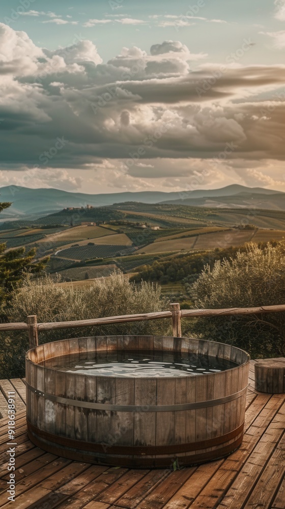 Wooden hot tub on the terrace of an eco-boutique hotel, with panoramic rolling hill landscapes.. Wooden hot tub on the terrace of an eco-boutique hotel, with panoramic rolling hill landscapes..