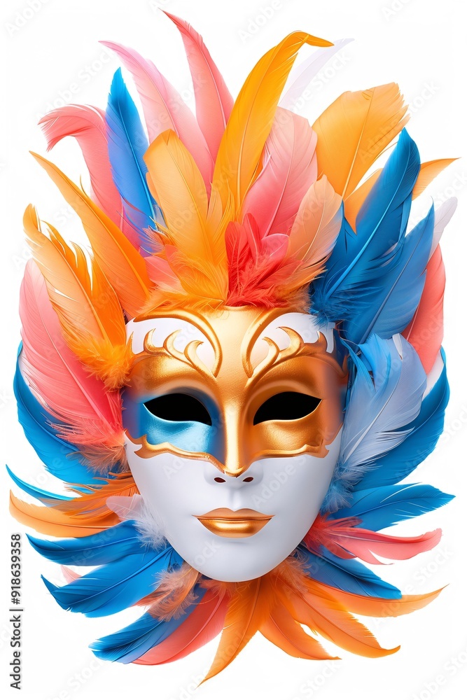 Colorful Feathered Carnival Mask with Gold Detailing on White Background Colorful Feathered Carnival Mask with Gold Detailing on White Background