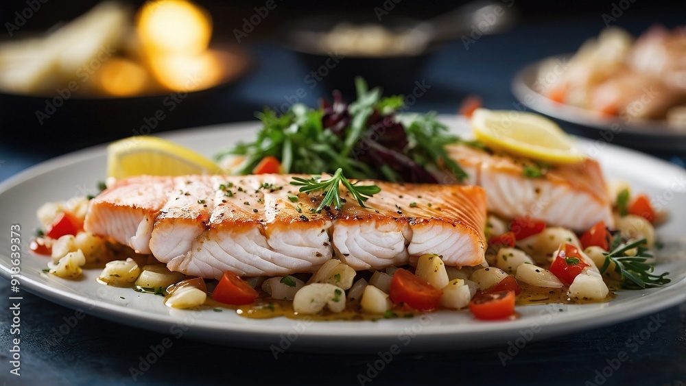 Deliciously Grilled Salmon Fillets Served With Fresh Herbs and Citrus in a Cozy Setting Deliciously Grilled Salmon Fillets Served With Fresh Herbs and Citrus in a Cozy Setting